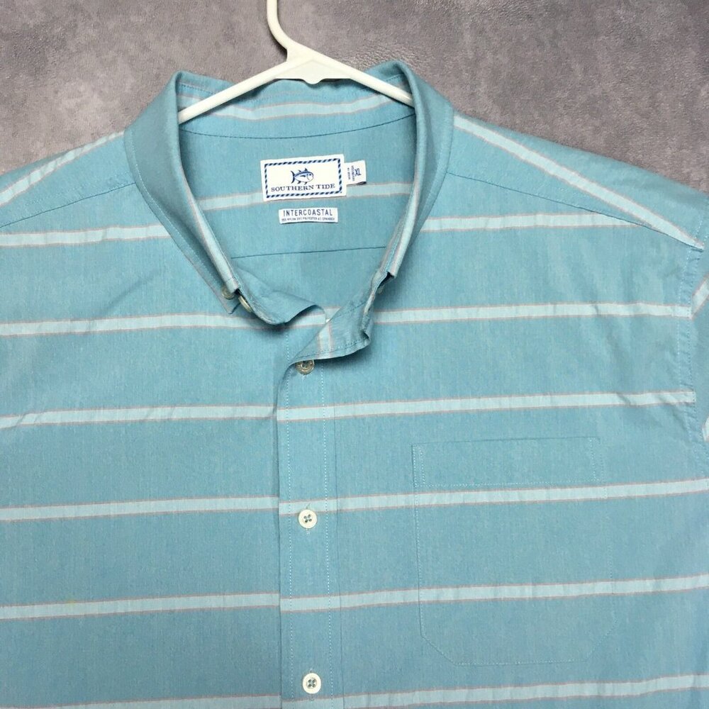 Southern Tide Mens Shirt size XL Button Up Short Sleeve‎ Blue Striped Stretch - Picture 4 of 15